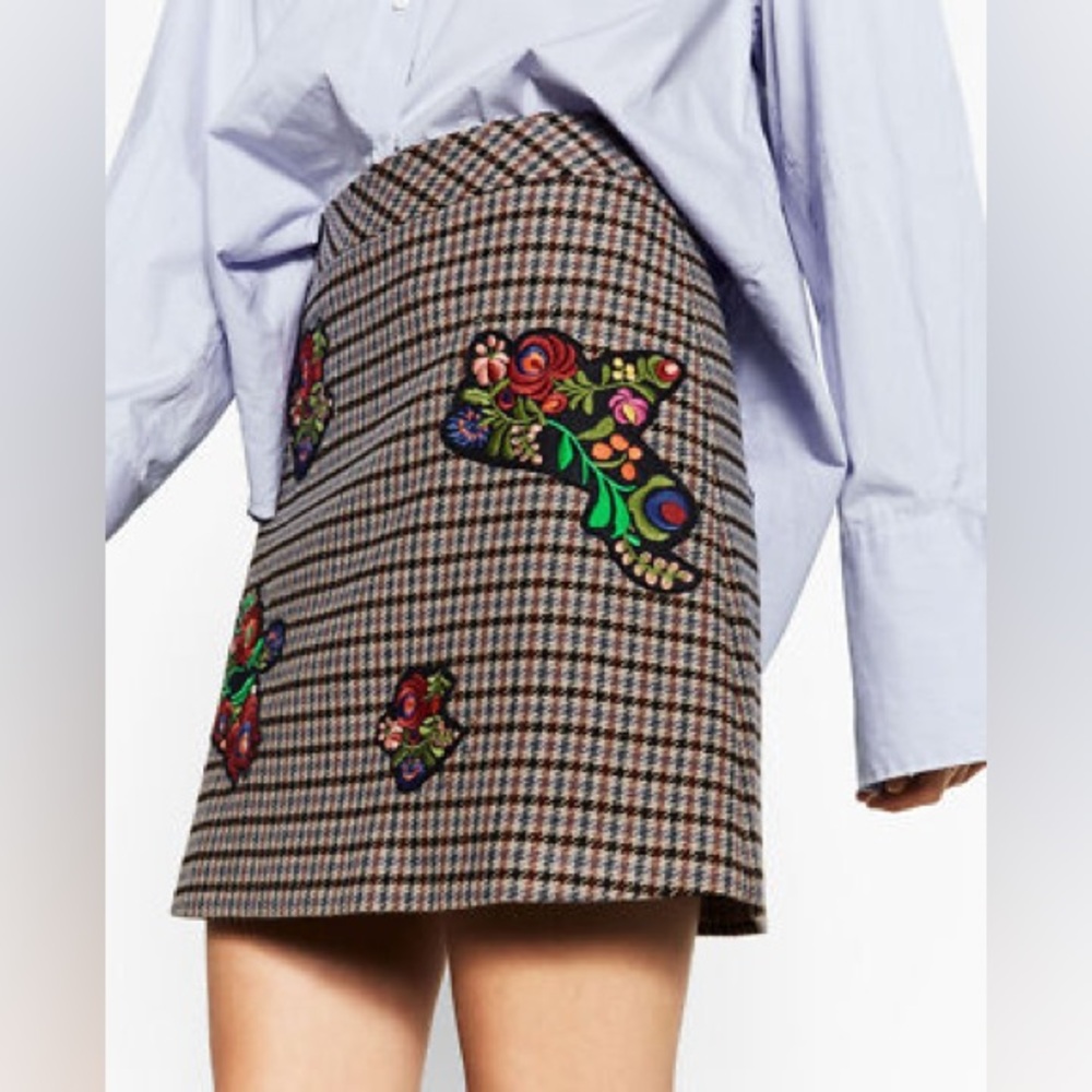ZARA Brown Floral Embroidered Silver Studs Checked A-Line Mini Skirt Size XS